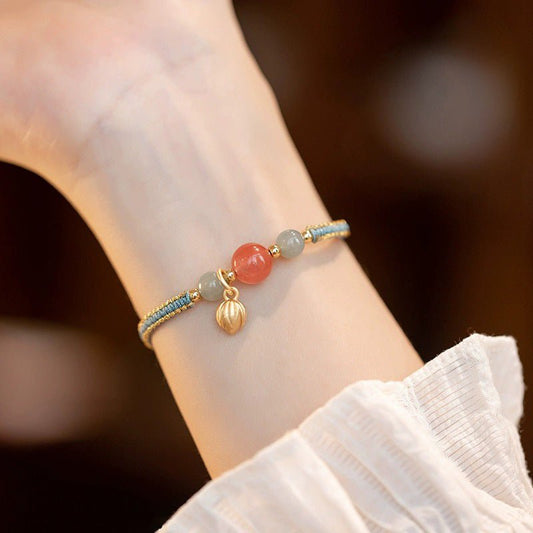 Adjustable Red String Bracelet with South Red Agate & Golden Lotus Charm – Handmade Chinese Style for Luck and Prosperity - STAR8S
