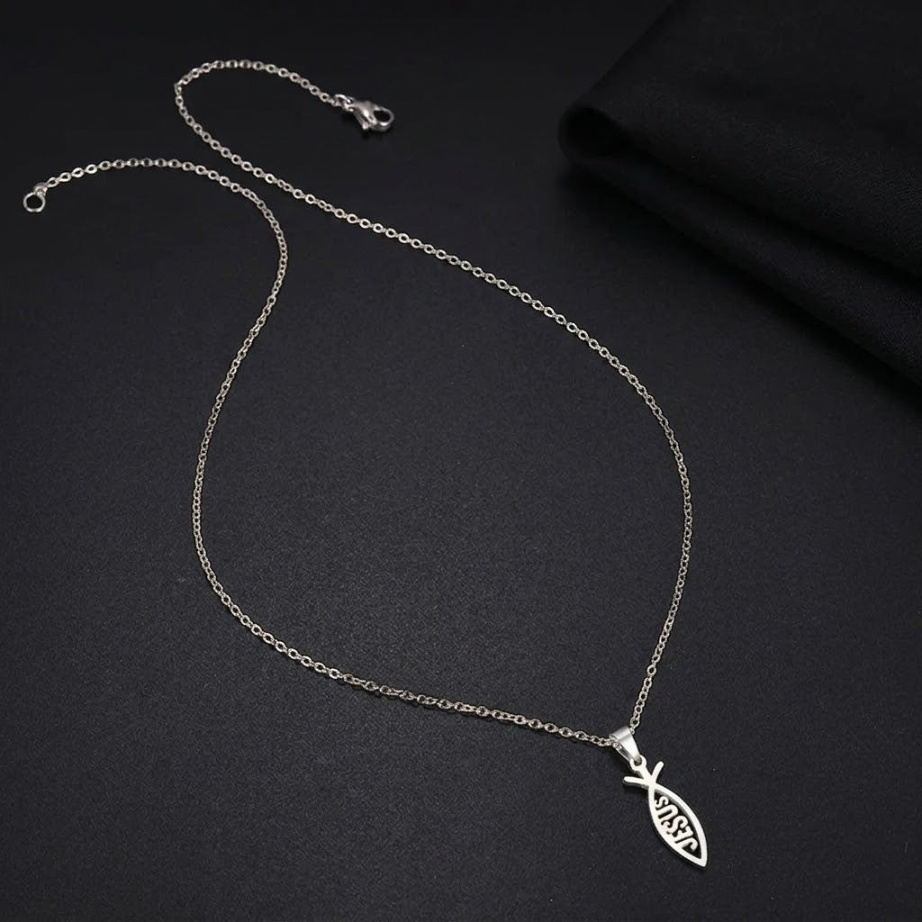 stainless steel jesus fish pendant necklace for women men ichthys christian necklace religious faith jewelry gift titanium steel holy symbol o-chain choker comfort fit silver tone