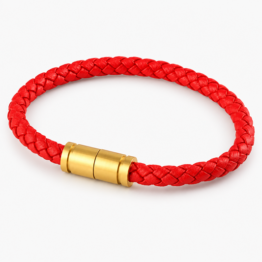 Red Braided Leather Bracelet with Gold-Tone Stainless Steel Magnetic Clasp