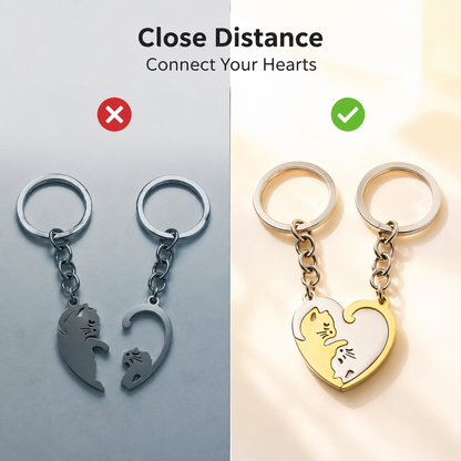 2Pcs Matching Cat Keychain Set for Couples Best Friends Stainless Steel Black Silver Kitten Heart Puzzle Pendant Key Ring Relationship Friendship Anniversary Valentine Long Distance Gift