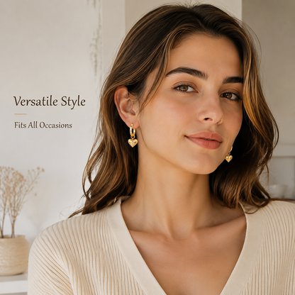 Lightweight Shiny Gold Puffy Heart Charm Huggie Earrings Comfortable Secure Click Closure Dainty Dangling Heart Drop Hoops for Daily Wear Sensitive Ears