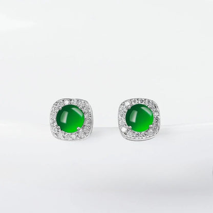 Green Round Earrings | S925 Silver Setting | Elegant Ice-Seed Jade