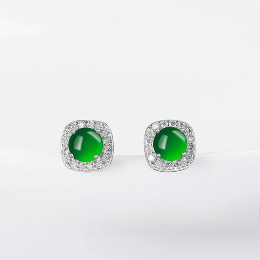 Green Round Earrings | S925 Silver Setting | Elegant Ice-Seed Jade
