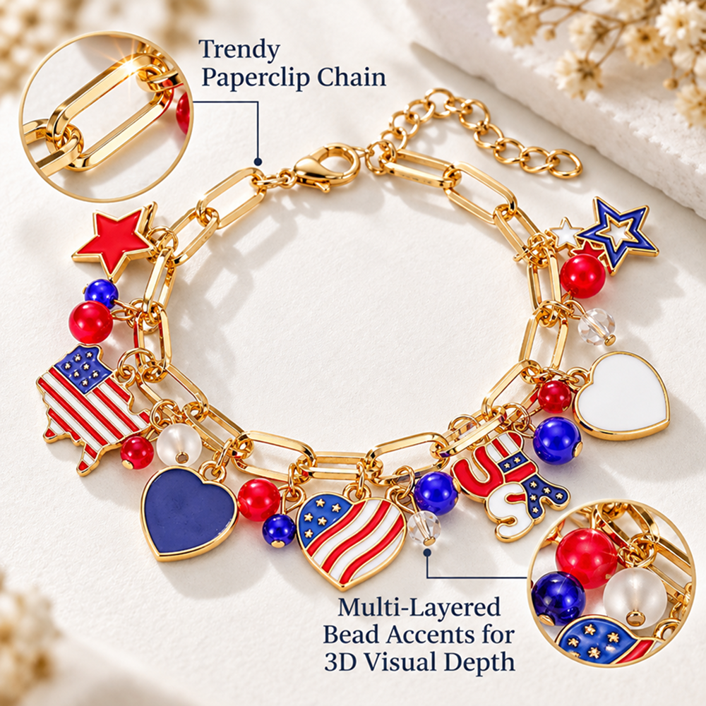 gold-tone usa patriotic charm bracelet with flag, heart and star designs and adjustable extender
