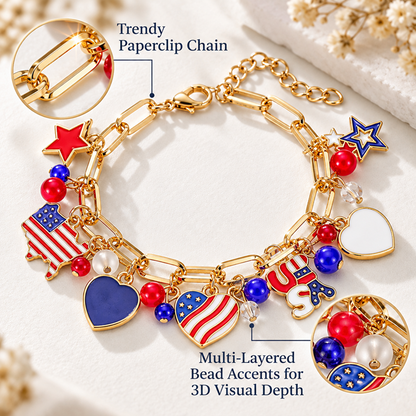 Gold-Tone USA Patriotic Charm Bracelet with Flag, Heart and Star Designs and Adjustable Extender