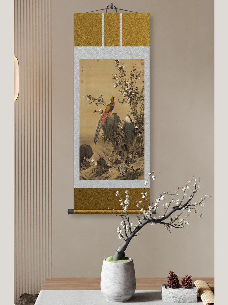 ancient chinese painting: castiglione’s golden pheasant scroll hd print | star8s