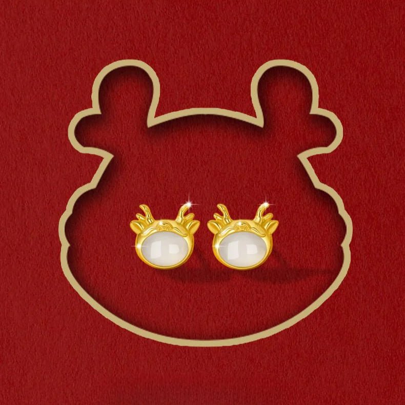 auspicious gold dragon earing studs - hetian jasper 925 silver, animal year | star8s - star8s