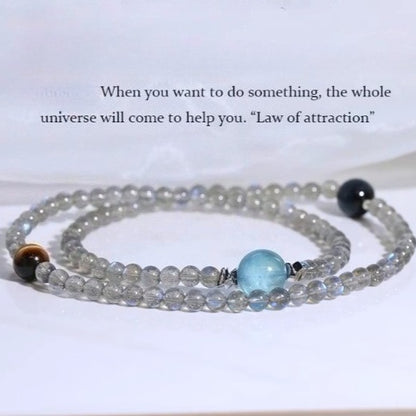 Natural Gray Moonstone Double-Layer Crystal Bracelet with Aquamarine & Tiger Eye | Trendy Women’s Jewelry Gift