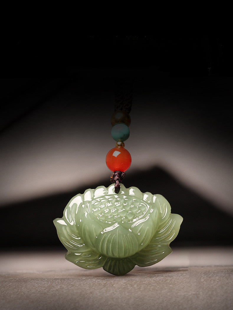 elegant hetian jade green lotus pendant necklace – unisex