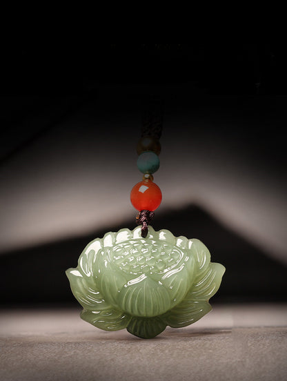 Elegant Hetian Jade Green Lotus Pendant Necklace – Unisex