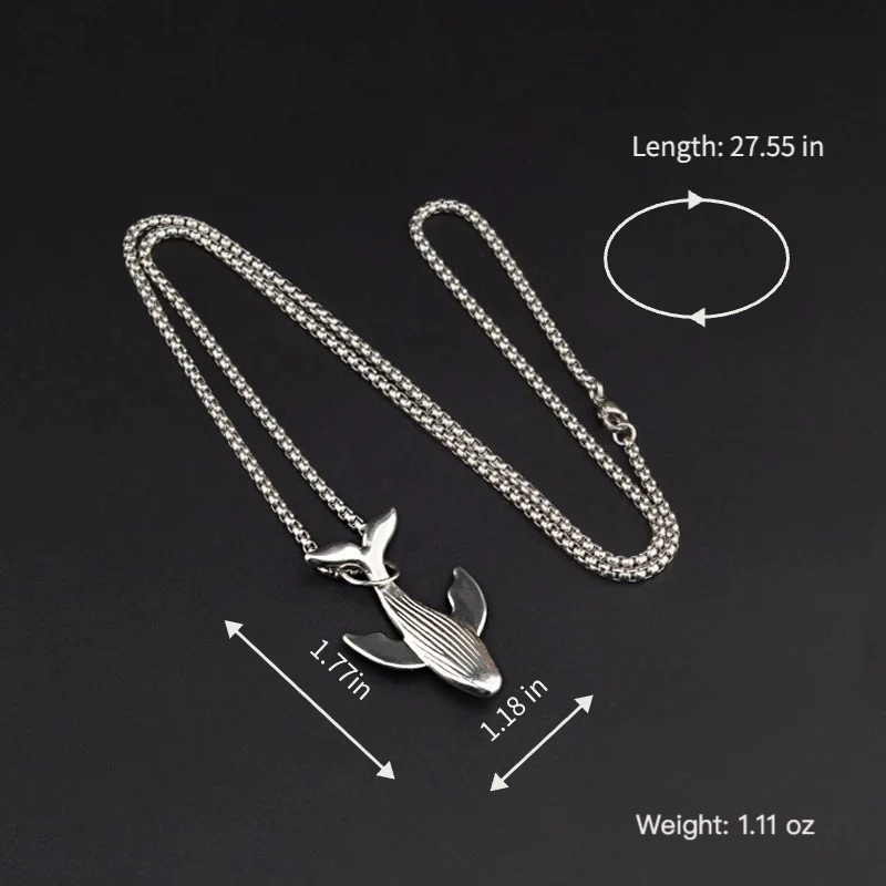 titanium steel whale fall pendant necklace for men unisex vintage silver humpback whale tail charm long box chain sweater necklace hip hop streetwear minimalist ocean jewelry aesthetic gift 27.5 inches