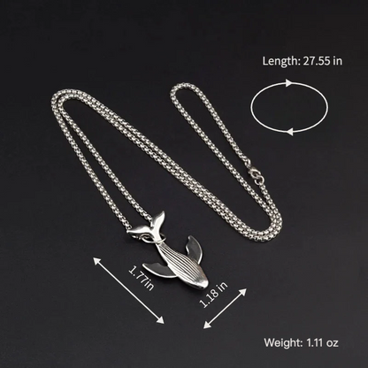 Titanium Steel Whale Fall Pendant Necklace for Men Unisex Vintage Silver Humpback Whale Tail Charm Long Box Chain Sweater Necklace Hip Hop Streetwear Minimalist Ocean Jewelry Aesthetic Gift 27.5 Inches