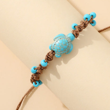 Handmade Turquoise Sea Turtle Bracelet for Women Men Bohemian Blue Bead Woven Rope Anklet Beach Ocean Wave Jewelry Adjustable Cord Marine Charms Gift