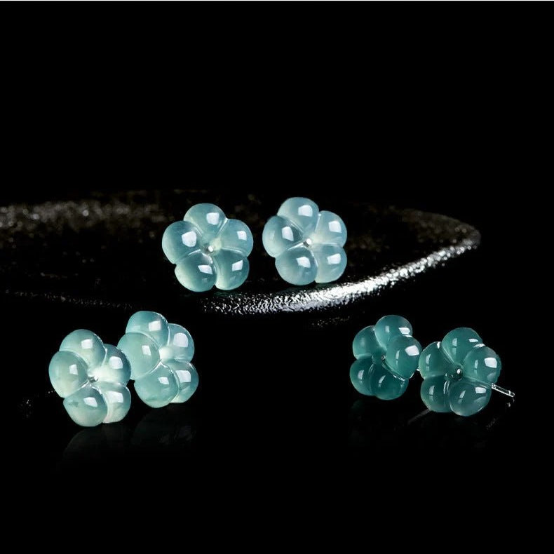 ice-grade jade plum blossom stud earrings s925 silver