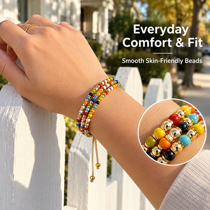 Three-Strand Beaded Bracelet for Women, Glossy Multicolor Beads with Gold-Tone Round Beads, Adjustable Sliding Knot Cord Closure, Boho Vintage Style Layered Design with Dangling Cord Ends, Colorful Jewelry for Everyday Wear, Vacations and Birthday Gi
