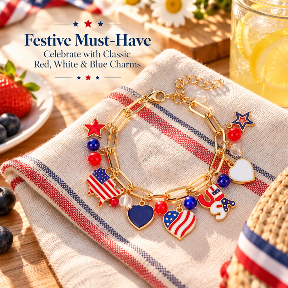 gold-tone usa patriotic charm bracelet with flag, heart and star designs and adjustable extender