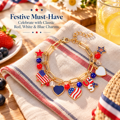 Gold-Tone USA Patriotic Charm Bracelet with Flag, Heart and Star Designs and Adjustable Extender