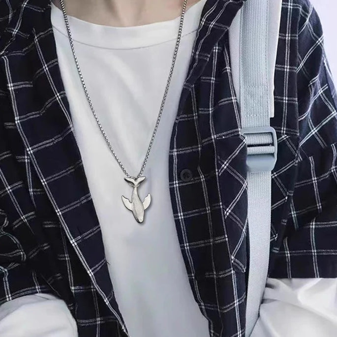 titanium steel whale fall pendant necklace for men unisex vintage silver humpback whale tail charm long box chain sweater necklace hip hop streetwear minimalist ocean jewelry aesthetic gift 27.5 inches