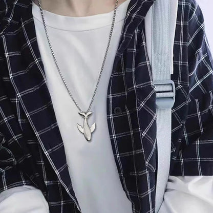 Titanium Steel Whale Fall Pendant Necklace for Men Unisex Vintage Silver Humpback Whale Tail Charm Long Box Chain Sweater Necklace Hip Hop Streetwear Minimalist Ocean Jewelry Aesthetic Gift 27.5 Inches