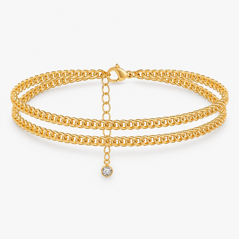 women's gold-tone double-layer cuban chain anklet with adjustable extender and lobster clasp