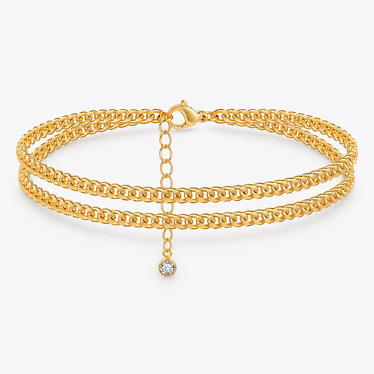 Women's Gold-Tone Double-Layer Cuban Chain Anklet with Adjustable Extender and Lobster Clasp