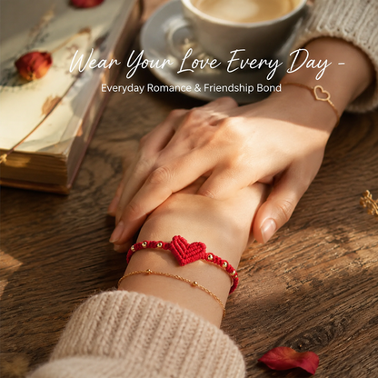 Red Cord Heart Bracelet with Gold-Tone Beads, Sliding Knot and Love Message Card
