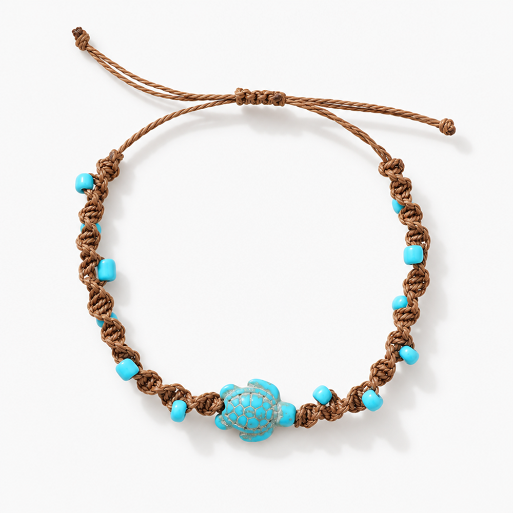 adjustable turtle bracelet with brown knotted cord and turquoise-colored beads