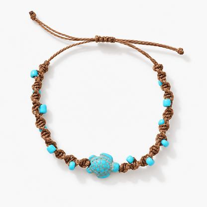 Adjustable Turtle Bracelet with Brown Knotted Cord and Turquoise-Colored Beads