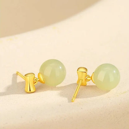 Round Hetian Jade Stud S925 Bamboo Earrings
