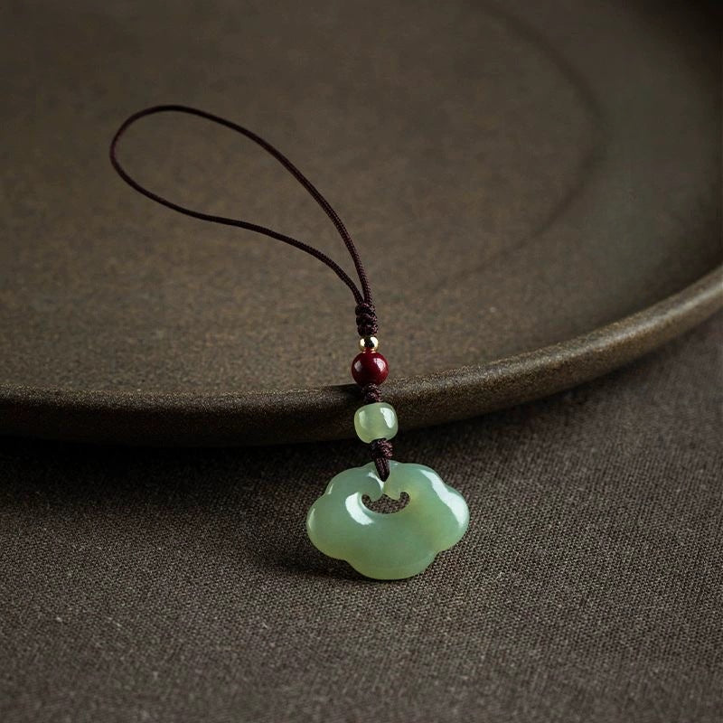 hetian jade peace lock keychain - natural white jade phone pendant, good luck charm, handcrafted jewelry