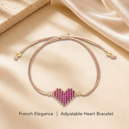 French Style Adjustable String Bracelet for Women Delicate Micro Pavé Cubic Zirconia Pink Heart Charm Bracelet Minimalist Braided Rope Cord Daily Dainty Love Jewelry Valentine Gift