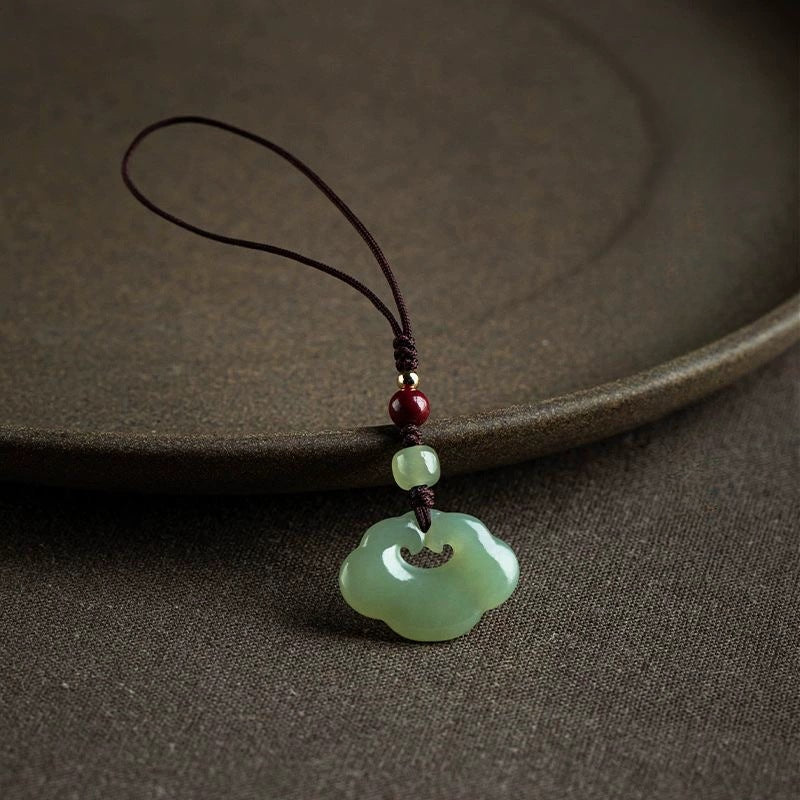 hetian jade peace lock keychain - natural white jade phone pendant, good luck charm, handcrafted jewelry