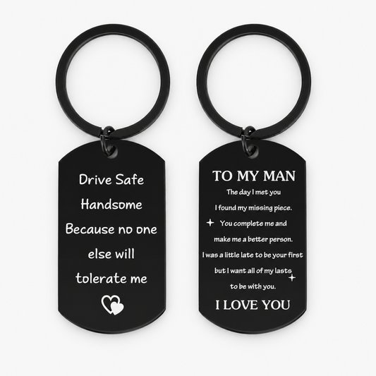 Funny Romantic Engraved Dog Tag Keychain for Men Husband Boyfriend Stainless Steel Black Double Sided Inscription Card Key Ring Drive Safe Handsome Sarcastic Sibling Gag Gift Anniversary Birthday 17g