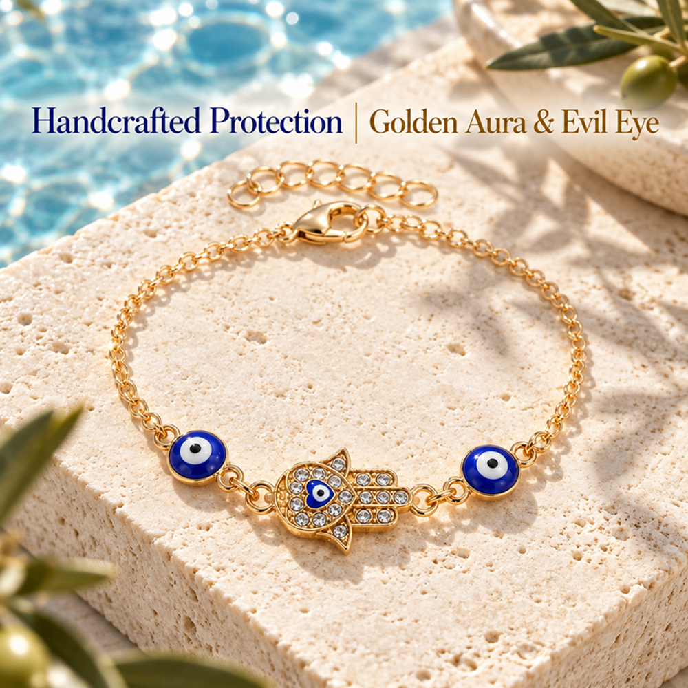 women's gold-tone evil eye bracelet with hand charm and adjustable extender
