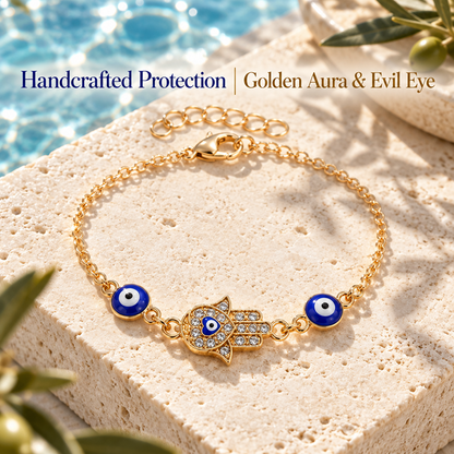 Women's Gold-Tone Evil Eye Bracelet with Hand Charm and Adjustable Extender