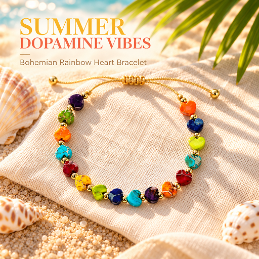 adjustable rainbow heart bead cord bracelet with gold-tone accents