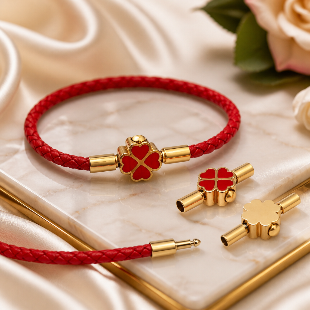 red string bracelet for women men stainless steel four leaf clover braided leather bracelet lucky protection amulet kabbalah red rope wristband friendship jewelry gift 8.3 inches