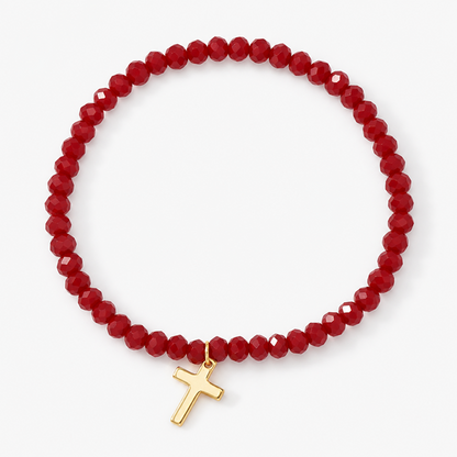 Red Faceted Bead Bracelet with Gold-Tone Cross Charm