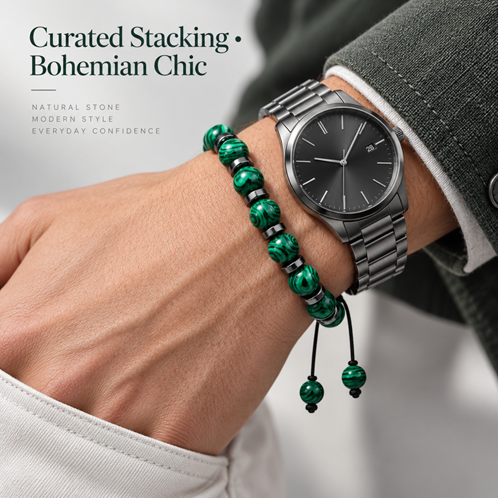 unisex green striped bead adjustable woven cord bracelet