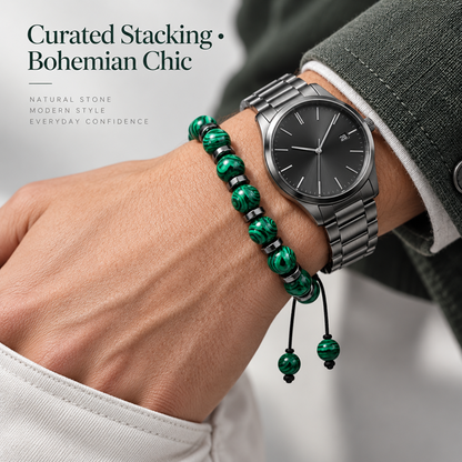 Unisex Green Striped Bead Adjustable Woven Cord Bracelet