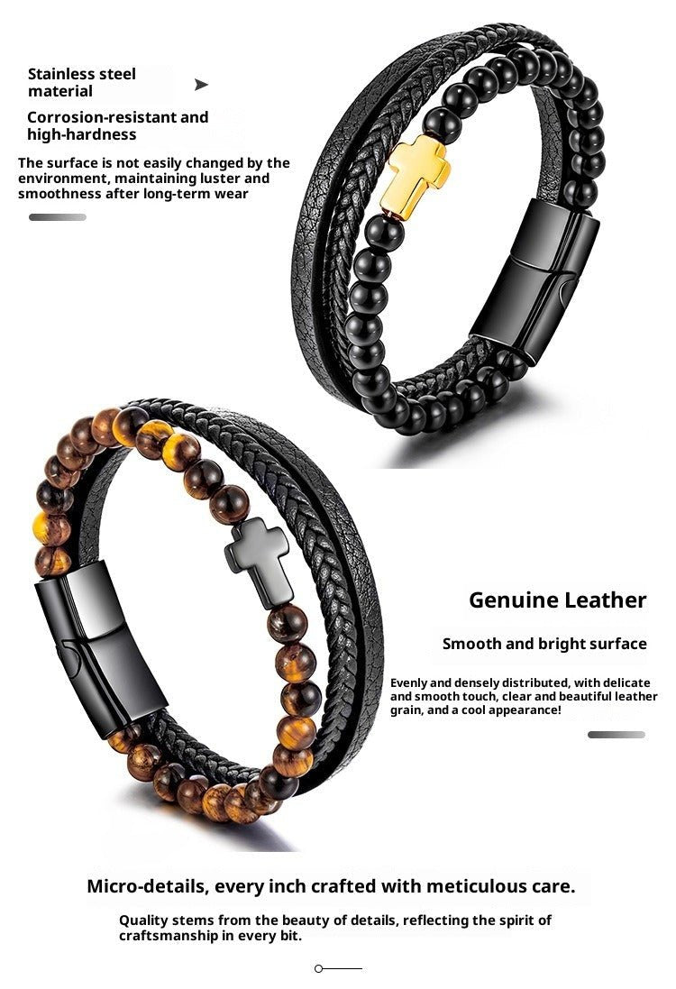 stainless steel cross bracelet for men - natural tiger eye agate stone multi-layer woven leather bracelet - star8s