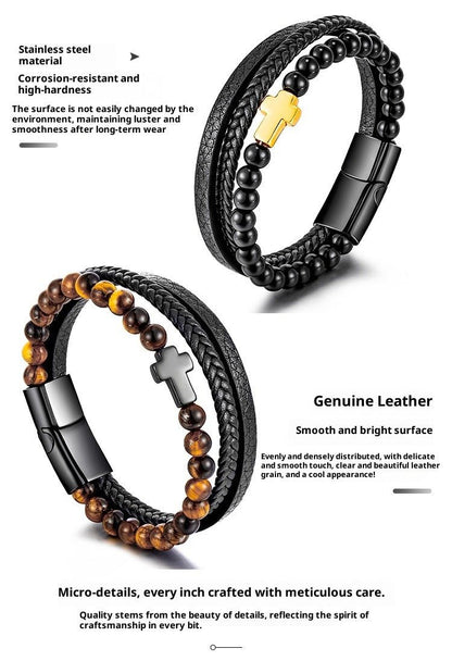 Stainless Steel Cross Bracelet for Men - Natural Tiger Eye Agate Stone Multi-Layer Woven Leather Bracelet - STAR8S