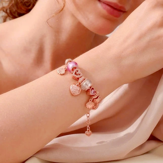 rose charm bracelet for women teen girls sweet rose flower heart pendant bangle layering beaded chain bracelet valentine's day birthday romantic jewelry gift for her