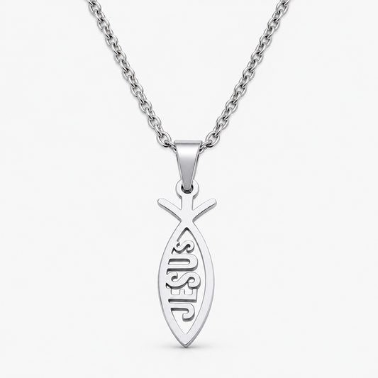 Unisex Stainless Steel Jesus Fish Pendant Necklace with Lobster Clasp
