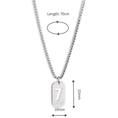 Lucky Number 7 Pendant Necklace for Men Women Premium Titanium Steel Dog Tag Nameplate Hip Hop Punk Streetwear Jewelry Long Box Chain Sweater Necklace Gift