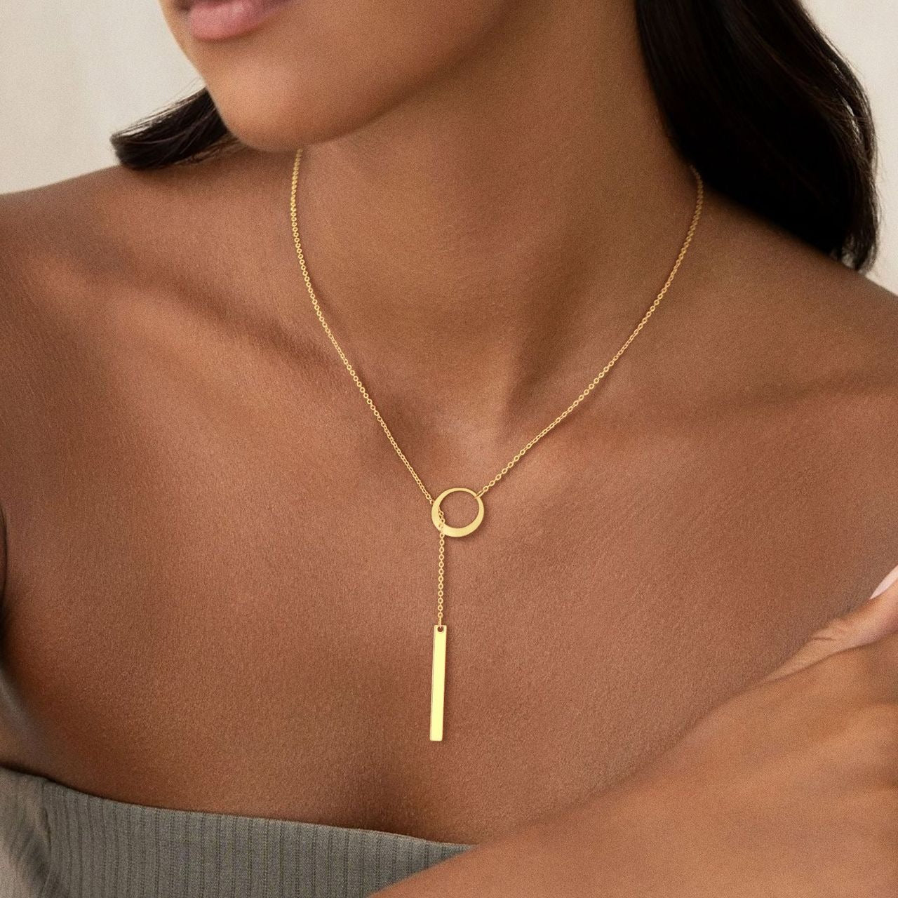 minimalist circle and vertical bar lariat necklace for women dainty long drop y necklace gold tone geometric clavicle collarbone chain edgy punk elegant layering jewelry birthday anniversary gift for her