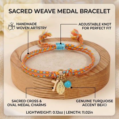 Handmade Woven Cord Bracelet for Women Men Cross Pendant Oval Virgin Mary Miraculous Medal Adjustable Religious Protection Blessing Cotton Jewelry Gift for Her