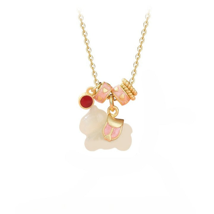 chinese zodiac pink horse jade s925 silver necklace