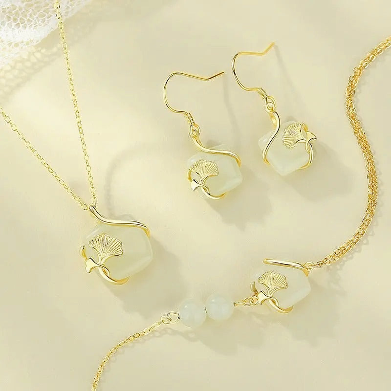 gingko leaf stud 925 silver hetian jade cube sugar earring