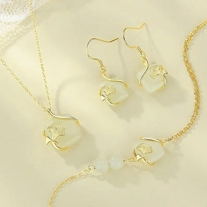 Gingko Leaf Stud 925 Silver Hetian Jade Cube Sugar Earring